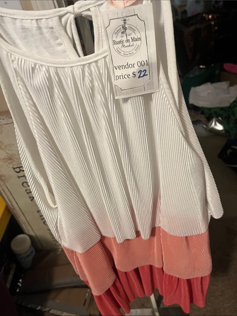 Sleeveless Tiered Pleated Blouse in White, Coral & Pink - Picture 2 of 3